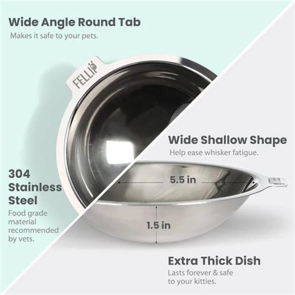 Elevated Cat Bowls Whisker Fatigue Stainless Steel Shallow Dish, Tilted